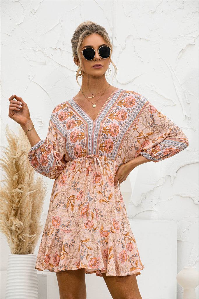 Printed Lantern Sleeve V Neck Dress - Belle Donne Clothing & Accessories