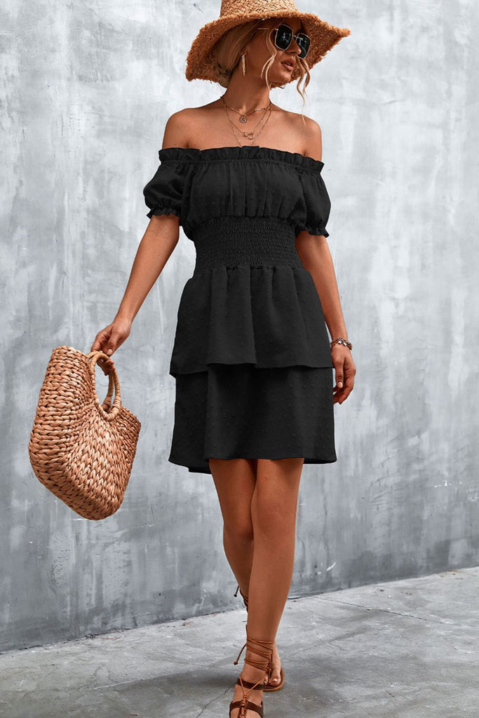 Swiss Dot Layered Off-Shoulder Smocked Dress - Belle Donne Clothing & Accessories