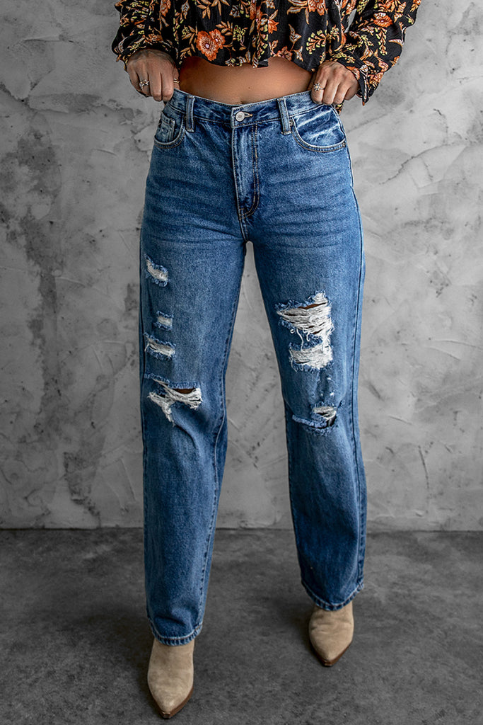 Distressed High Waist Jeans with Pockets - Belle Donne Clothing & Accessories