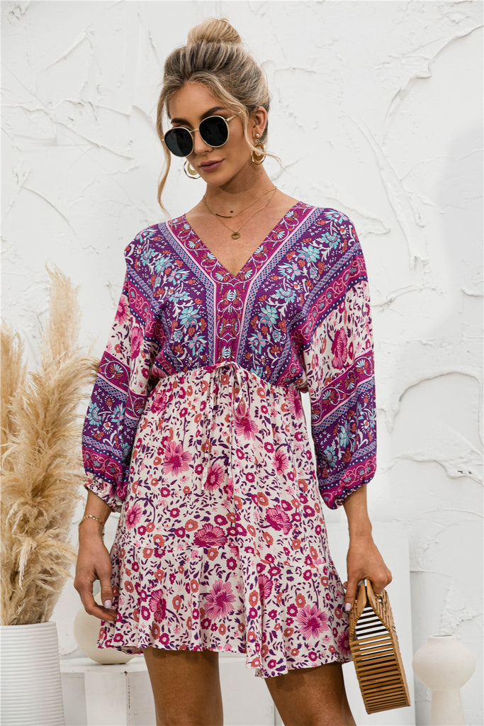 Printed Lantern Sleeve V Neck Dress - Belle Donne Clothing & Accessories