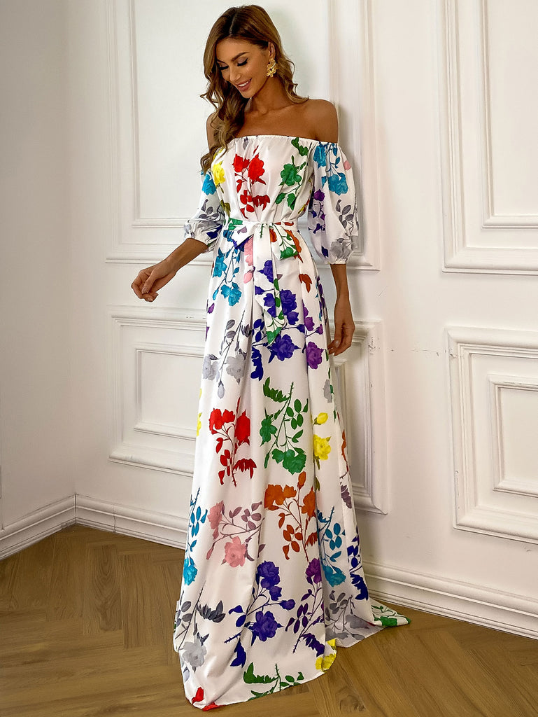 Floral Tie-Waist Off-Shoulder Floor-Length Dress - Belle Donne Clothing & Accessories