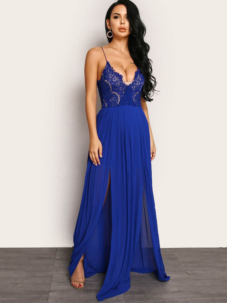 Spaghetti Strap Spliced Lace Split Maxi Dress - Belle Donne Clothing & Accessories