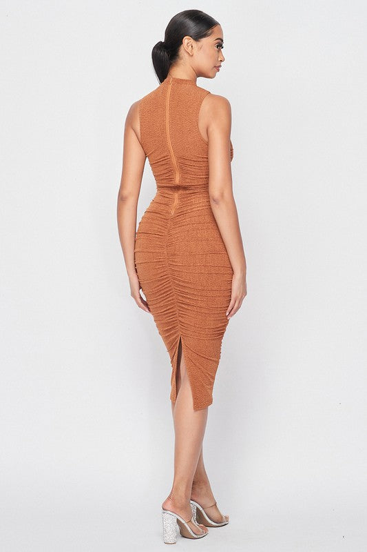 PRIVY Ruched Mock Neck Midi Bodycon Dress - Belle Donne Clothing & Accessories