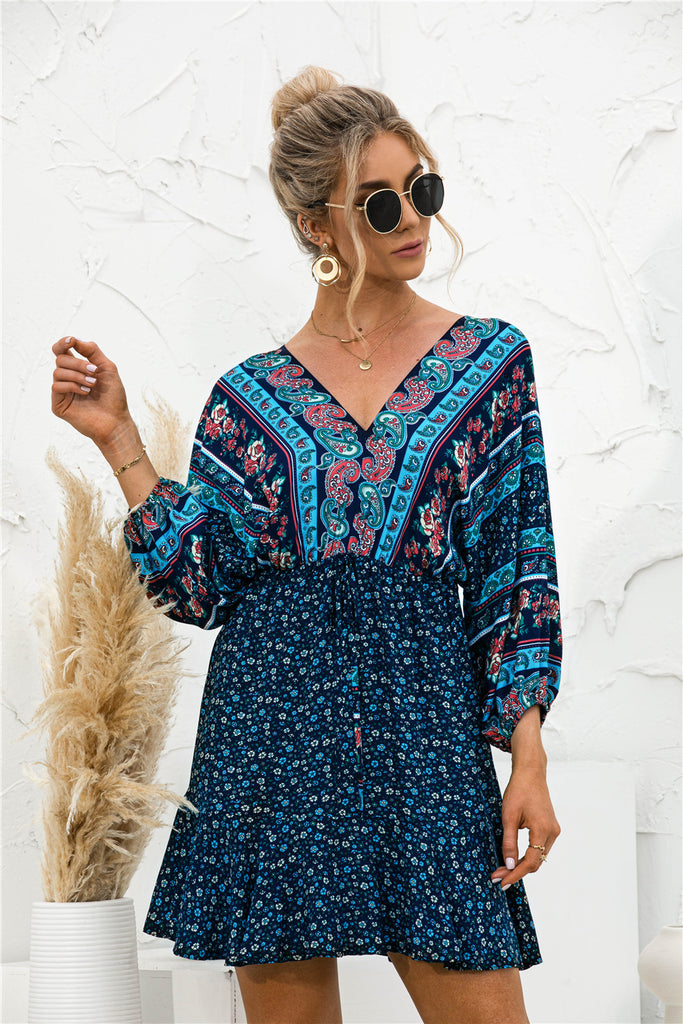 Printed Lantern Sleeve V Neck Dress - Belle Donne Clothing & Accessories