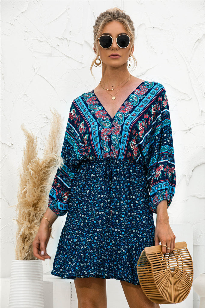 Printed Lantern Sleeve V Neck Dress - Belle Donne Clothing & Accessories