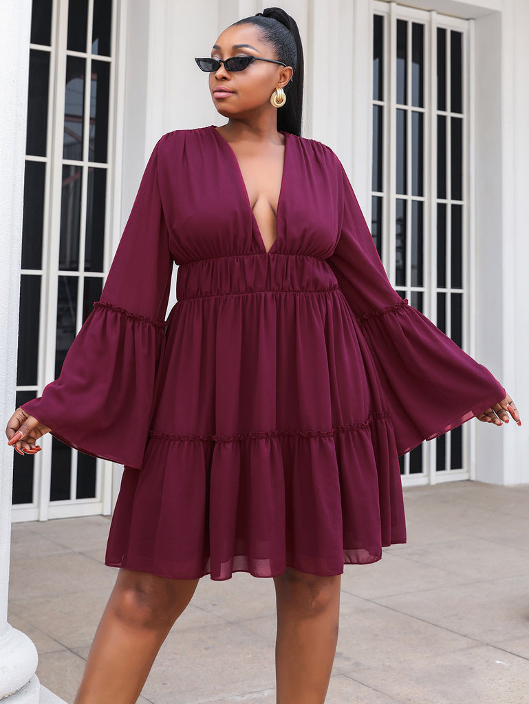 Plus Size Flare Sleeve Plunge Mini Dress - Belle Donne Clothing & Accessories