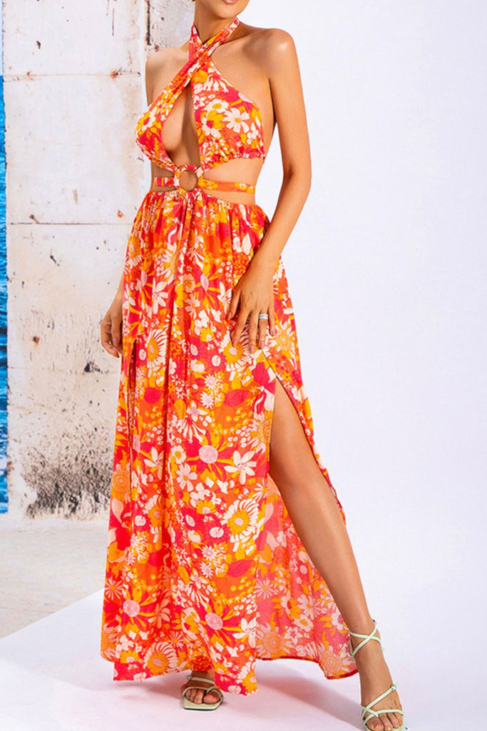 Floral Cutout Halter Neck Split Dress - Belle Donne Clothing & Accessories