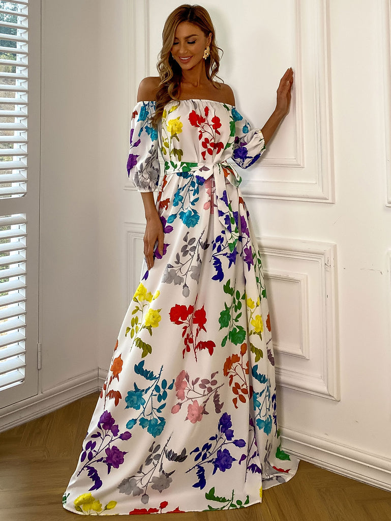 Floral Tie-Waist Off-Shoulder Floor-Length Dress - Belle Donne Clothing & Accessories