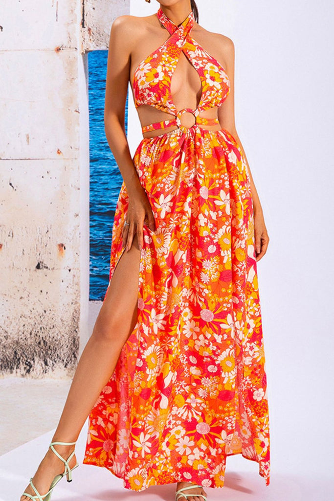 Floral Cutout Halter Neck Split Dress - Belle Donne Clothing & Accessories