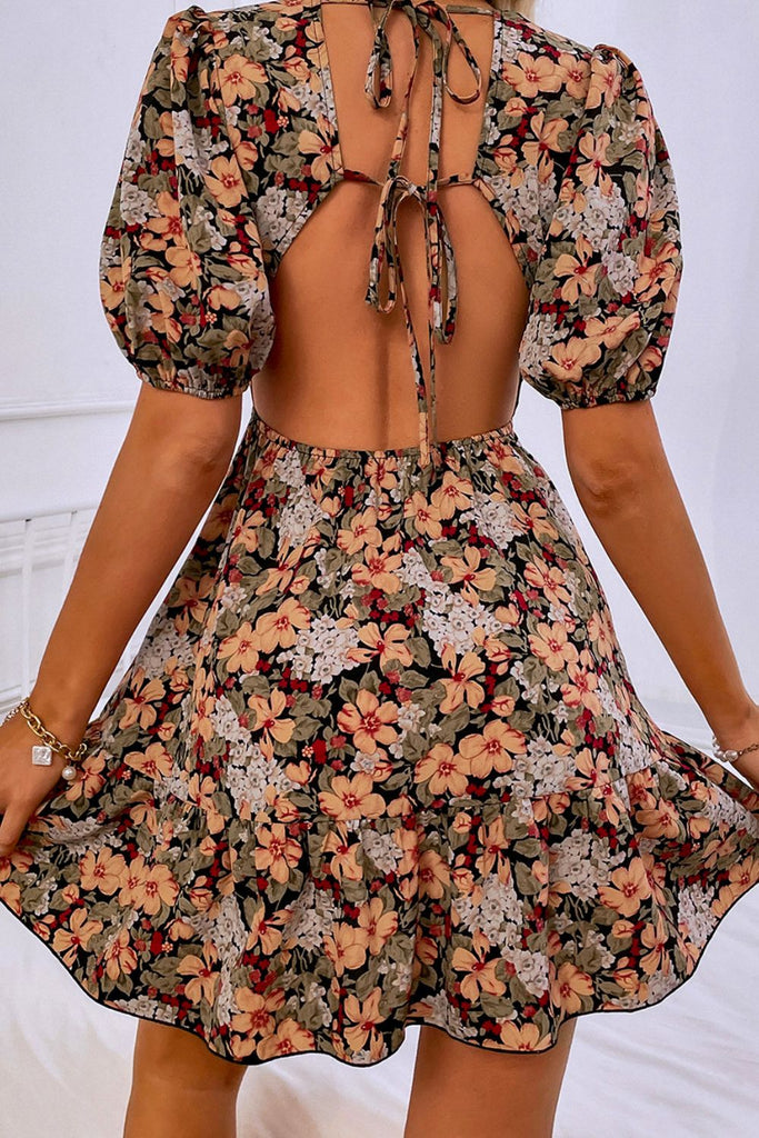 Floral Puff Sleeve Tie Back Dress - Belle Donne Clothing & Accessories