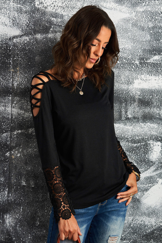 Crisscross Spliced Lace Top - Belle Donne Clothing & Accessories