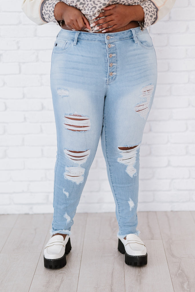 Kancan At Last Distressed Button Fly Skinny Jeans - Belle Donne Clothing & Accessories