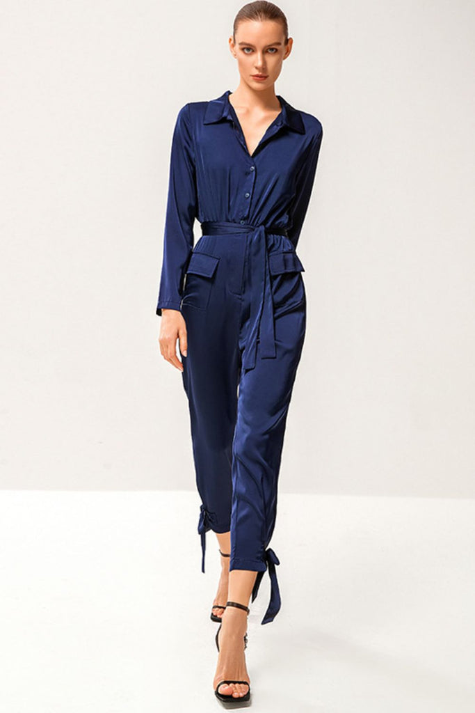 Tie-Waist Button Front Collared Satin Jumpsuit - Belle Donne Clothing & Accessories