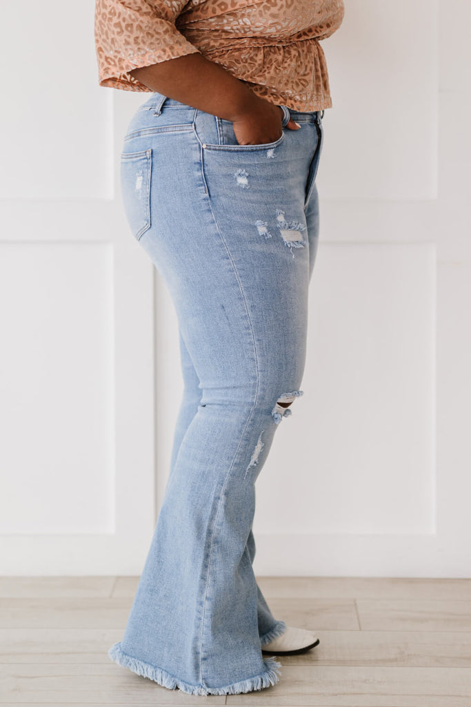 RISEN Divine Denim Full Size Run Distressed Flare Jeans - Belle Donne Clothing & Accessories