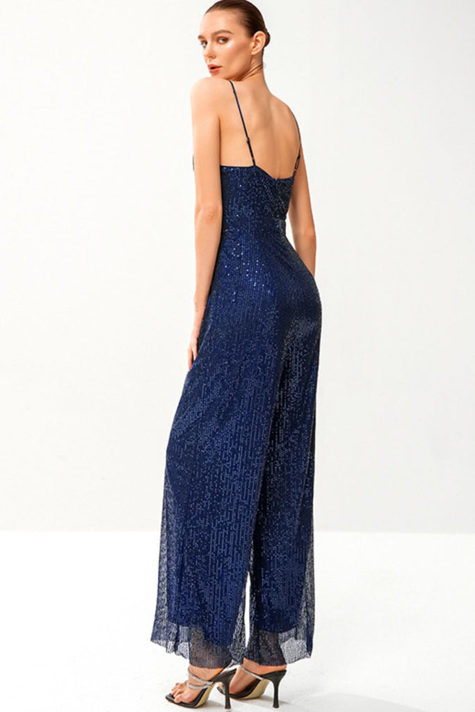 Sequined Spaghetti Strap Plunge Wide Leg Jumpsuit - Belle Donne Clothing & Accessories