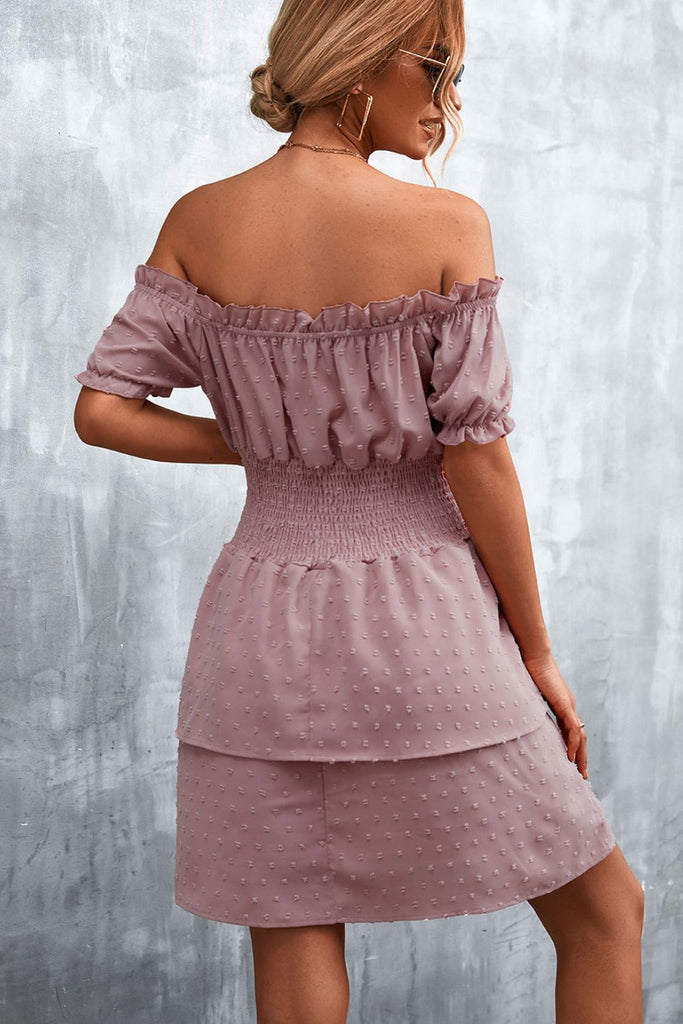 Swiss Dot Layered Off-Shoulder Smocked Dress - Belle Donne Clothing & Accessories