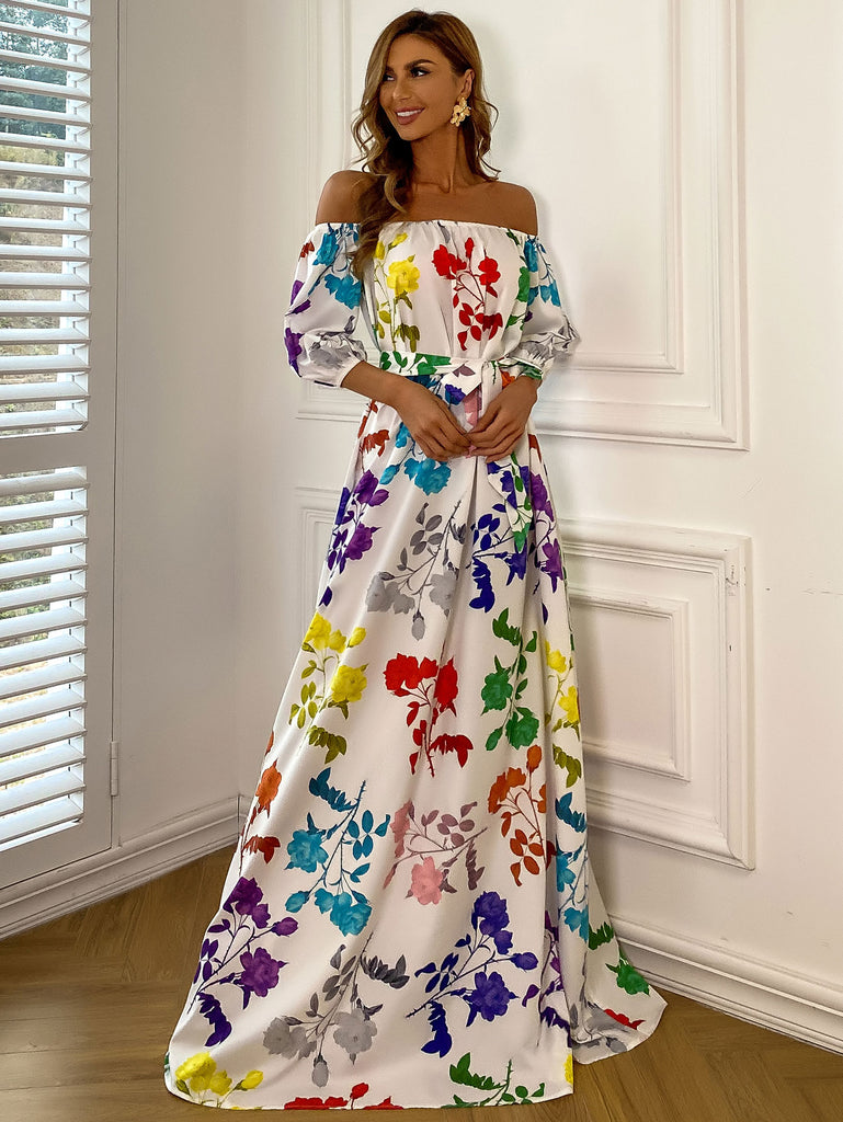 Floral Tie-Waist Off-Shoulder Floor-Length Dress - Belle Donne Clothing & Accessories