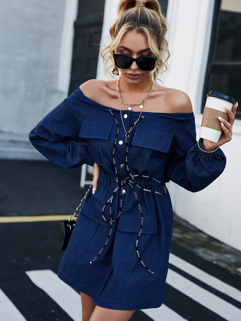 Off-Shoulder Drawstring Denim Dress with Pockets - Belle Donne Clothing & Accessories