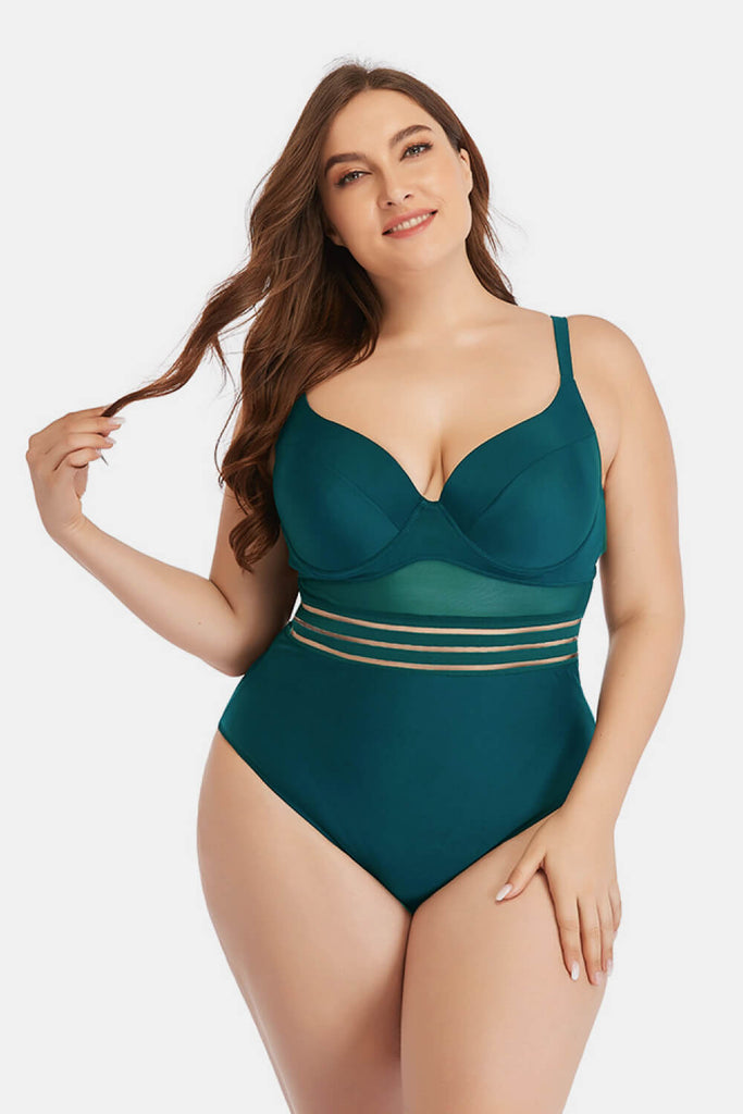 Plus Size Spliced Mesh Tie-Back One-Piece Swimsuit - Belle Donne Clothing & Accessories