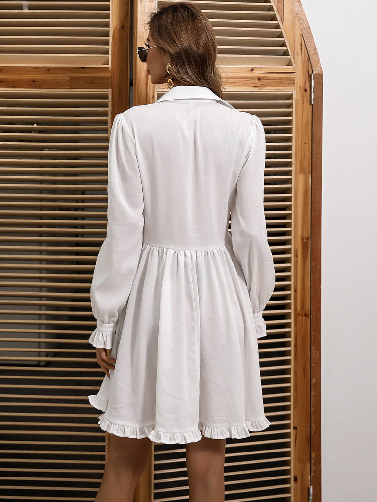 Puff Sleeve Frill Trim Shirt Dress - Belle Donne Clothing & Accessories