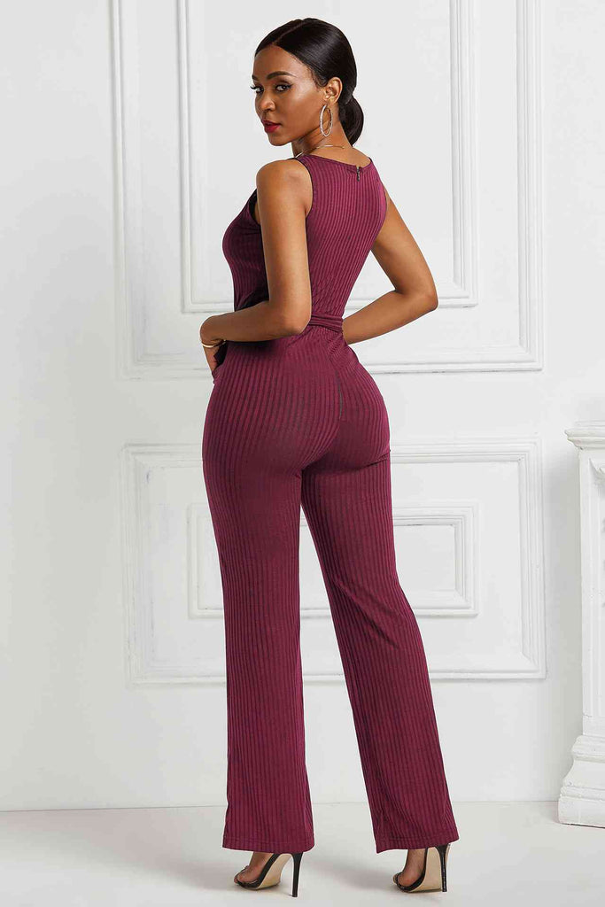 Button Detail Tie Waist Jumpsuit with Pockets - Belle Donne Clothing & Accessories