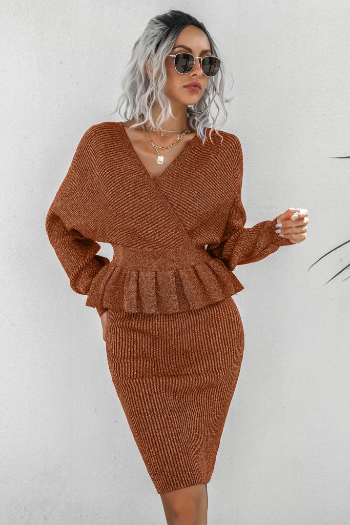 Peplum Dolman Sleeve Rib-Knit Top and Skirt Set - Belle Donne Clothing & Accessories