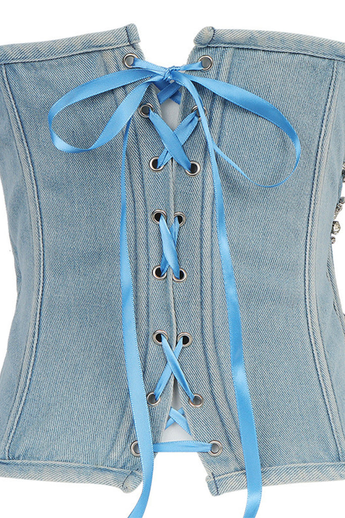 Strapless Lace Up Denim Rhinestone Fishnet Bustier - Belle Donne Clothing & Accessories