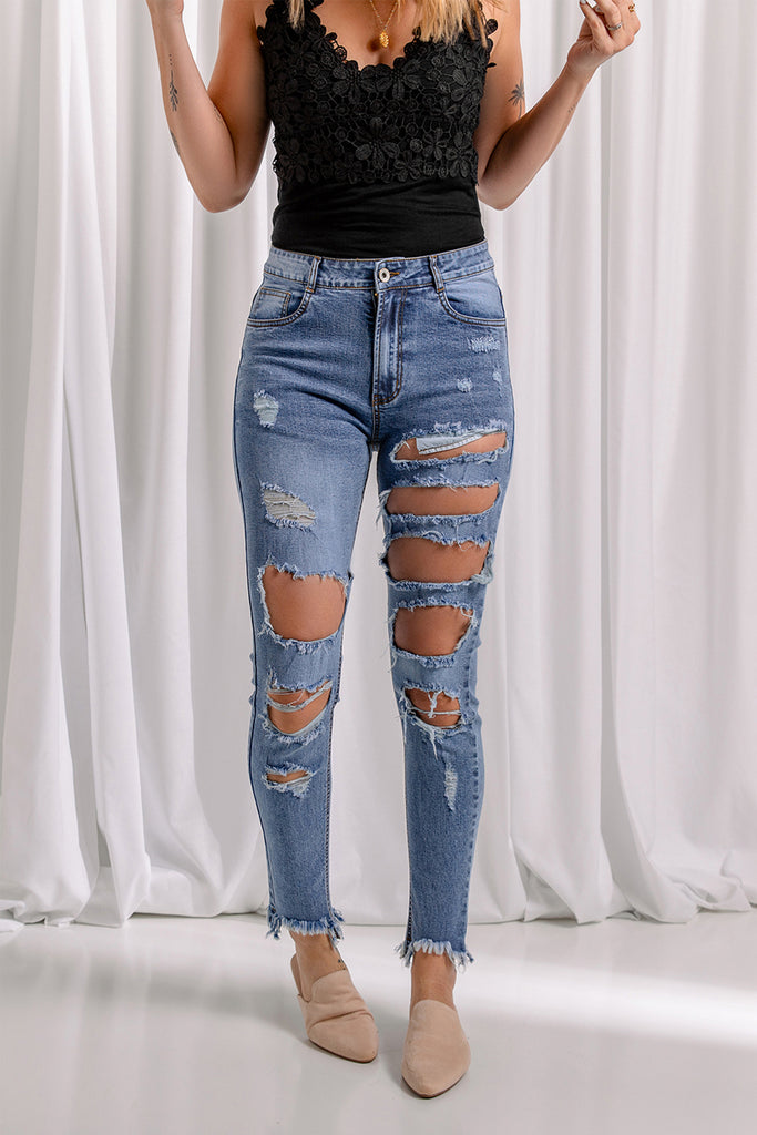 Distressed Raw Hem Skinny Jeans - Belle Donne Clothing & Accessories