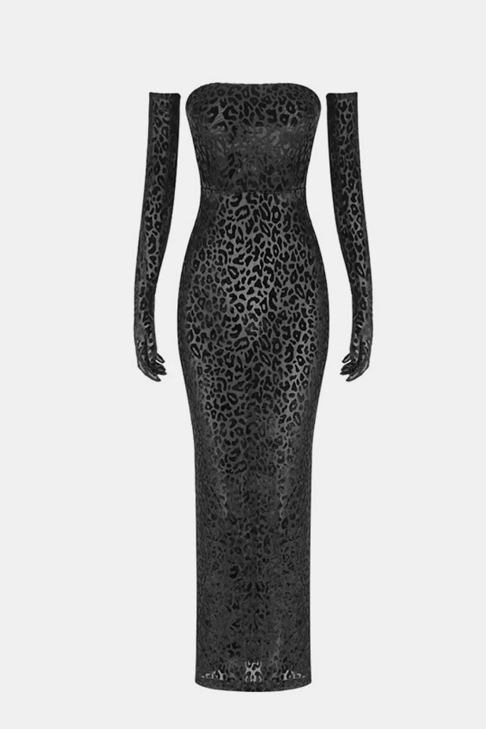 Leopard Burnout Velvet Strapless Maxi Dress with Gloves - Belle Donne Clothing & Accessories