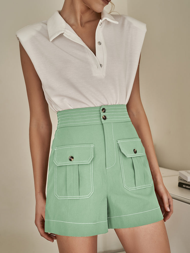 Contrast Stitching High Waist Shorts - Belle Donne Clothing & Accessories