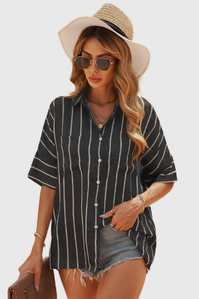 Pocketed Striped Shirt - Belle Donne Clothing & Accessories