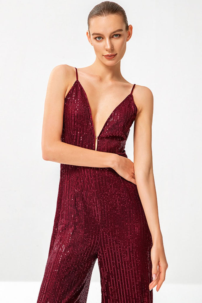 Sequined Spaghetti Strap Plunge Wide Leg Jumpsuit - Belle Donne Clothing & Accessories