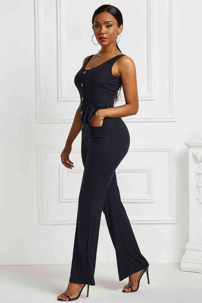 Button Detail Tie Waist Jumpsuit with Pockets - Belle Donne Clothing & Accessories