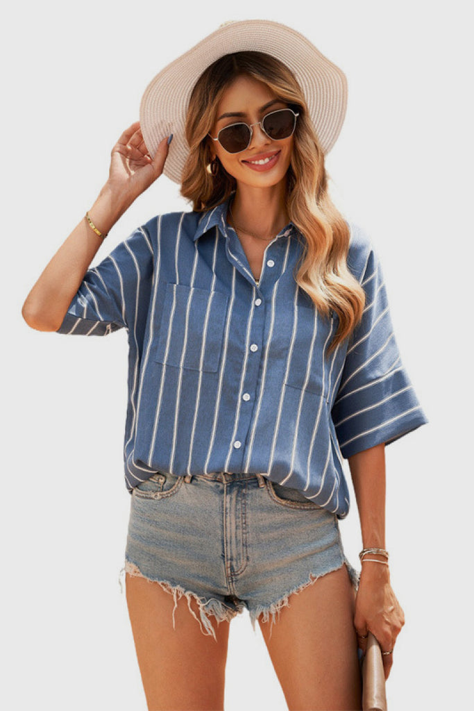 Pocketed Striped Shirt - Belle Donne Clothing & Accessories