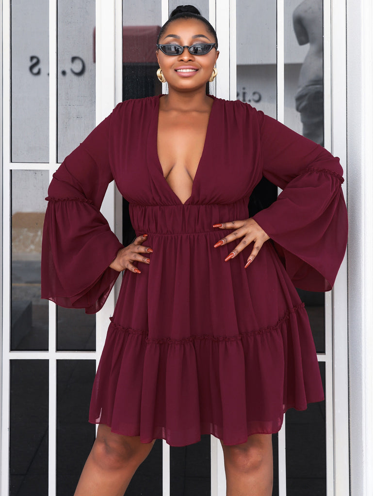 Plus Size Flare Sleeve Plunge Mini Dress - Belle Donne Clothing & Accessories