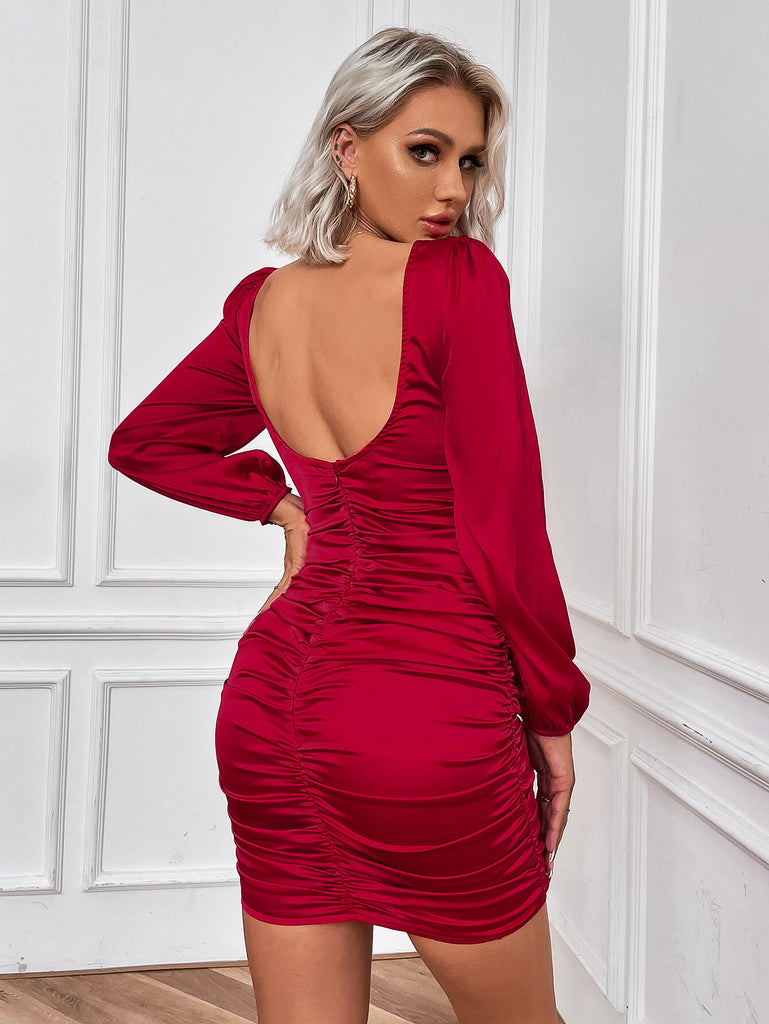 Ruched Square Neck Mini Bodycon Dress - Belle Donne Clothing & Accessories