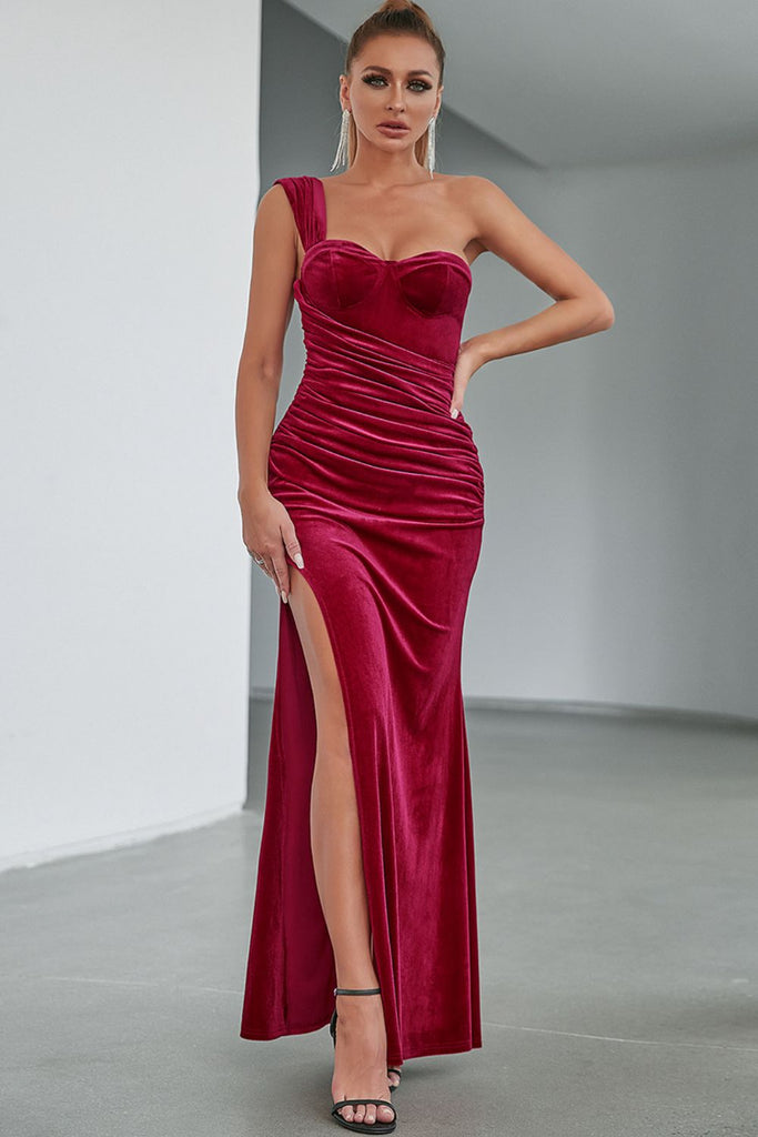 Velvet Split One-Shoulder Maxi Dress - Belle Donne Clothing & Accessories