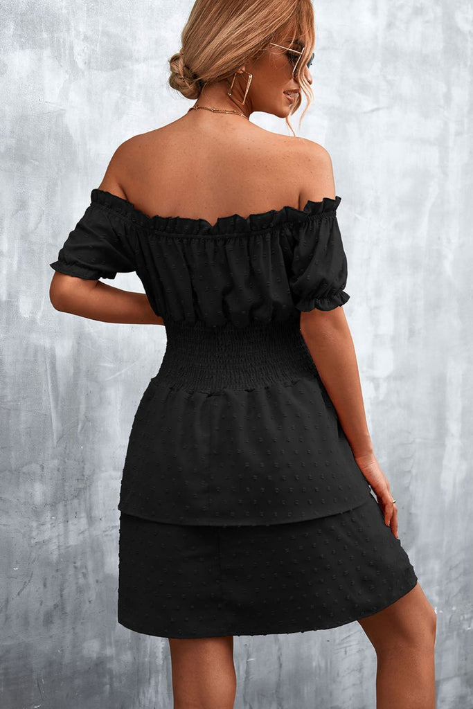 Swiss Dot Layered Off-Shoulder Smocked Dress - Belle Donne Clothing & Accessories