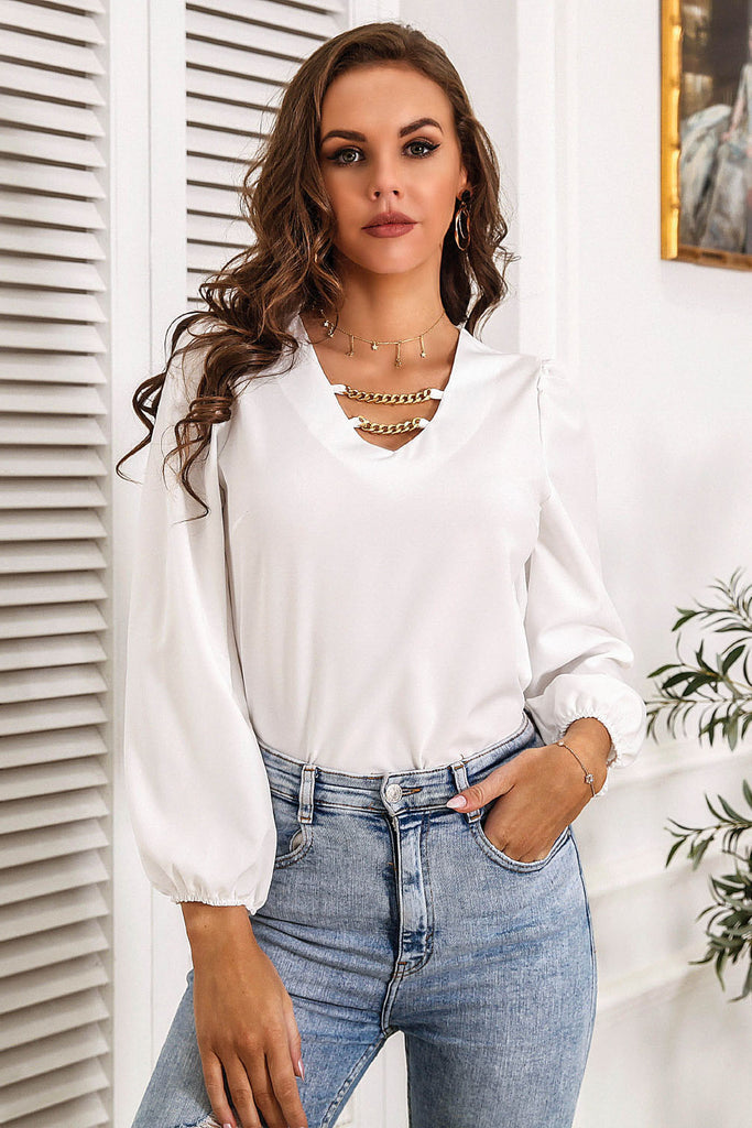 Chain Detail V-Neck Balloon Sleeve Blouse - Belle Donne Clothing & Accessories