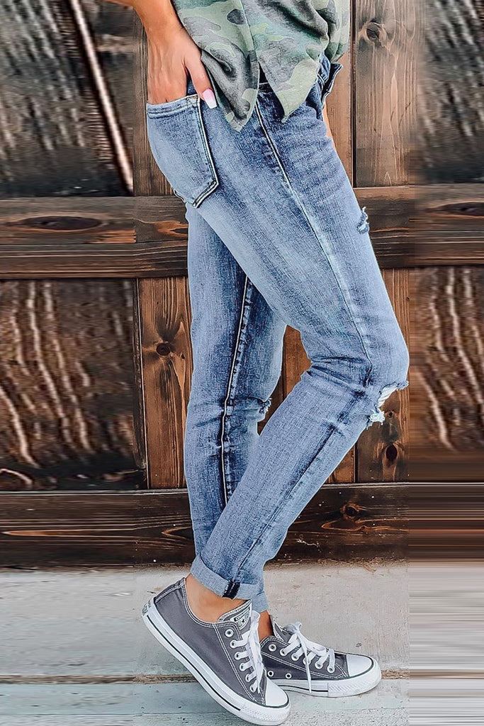 Button-Fly Distressed Jeans - Belle Donne Clothing & Accessories