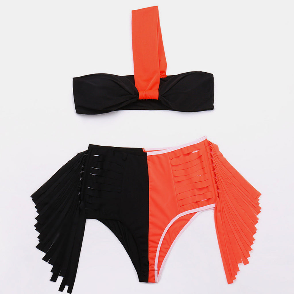 Two-Tone Fringe Detail Bikini Set - Belle Donne Clothing & Accessories