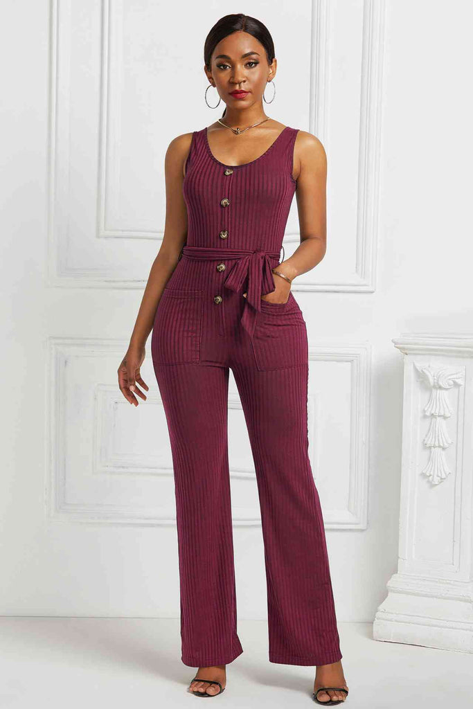 Button Detail Tie Waist Jumpsuit with Pockets - Belle Donne Clothing & Accessories