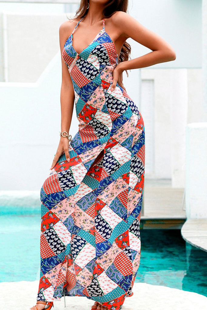 Printed Halter Neck Backless Split Dress - Belle Donne Clothing & Accessories