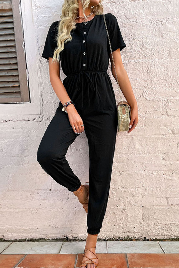 Button Front Short Sleeve Jogger Jumpsuit - Belle Donne Clothing & Accessories