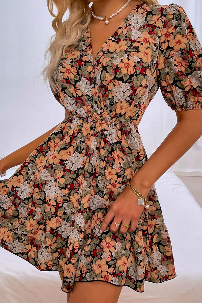 Floral Puff Sleeve Tie Back Dress - Belle Donne Clothing & Accessories