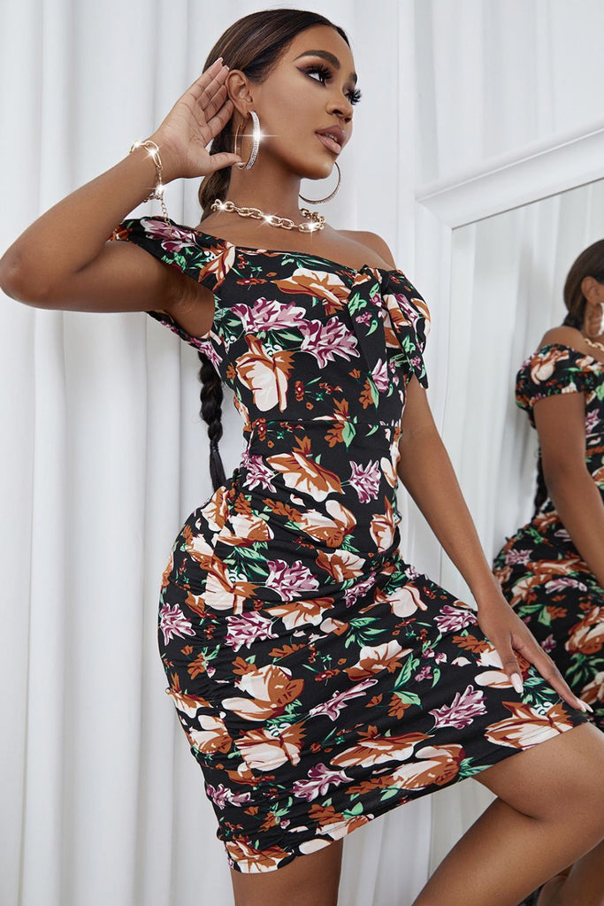 Floral Ruched Bow Detail Bodycon Dress - Belle Donne Clothing & Accessories