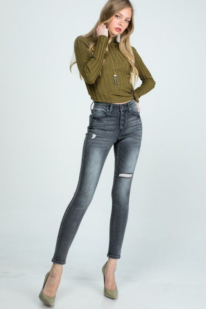 Faded Distressed Mid Rise Skinny with Button Fly - Belle Donne Clothing & Accessories