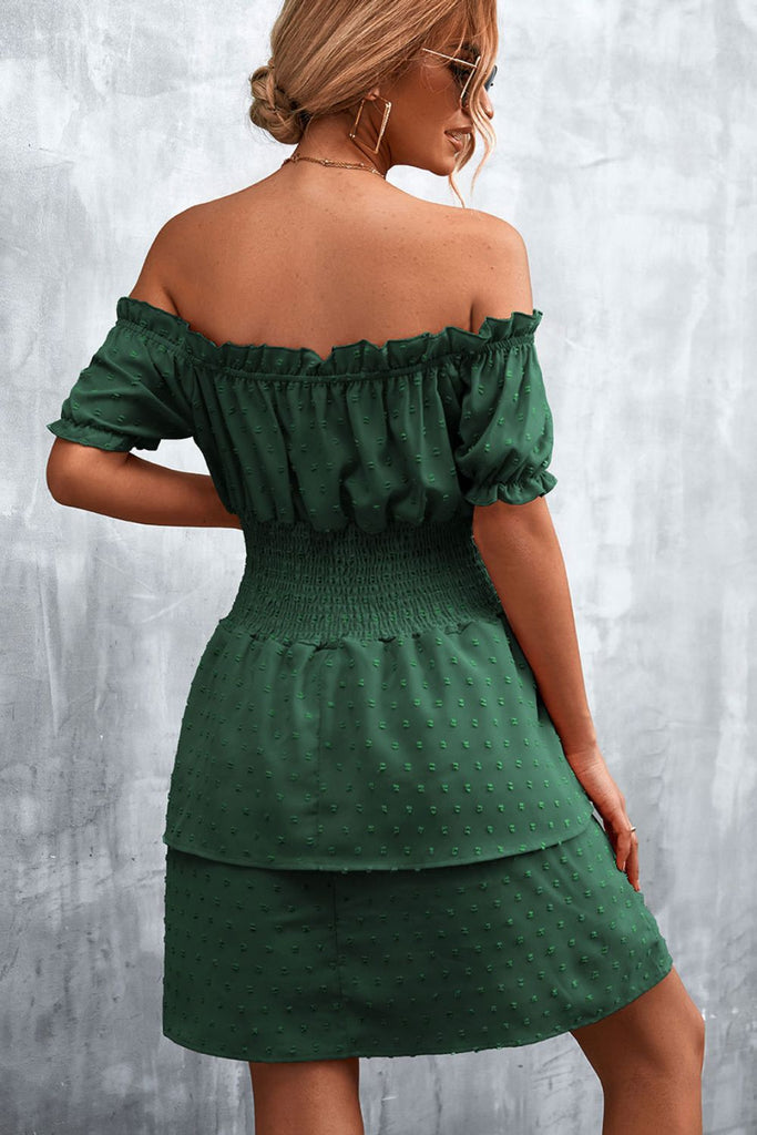 Swiss Dot Layered Off-Shoulder Smocked Dress - Belle Donne Clothing & Accessories