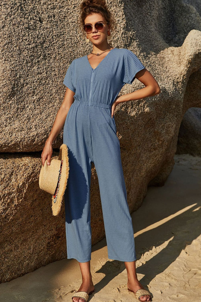 Elastic Waist Zip Up V-Neck Jumpsuit - Belle Donne Clothing & Accessories