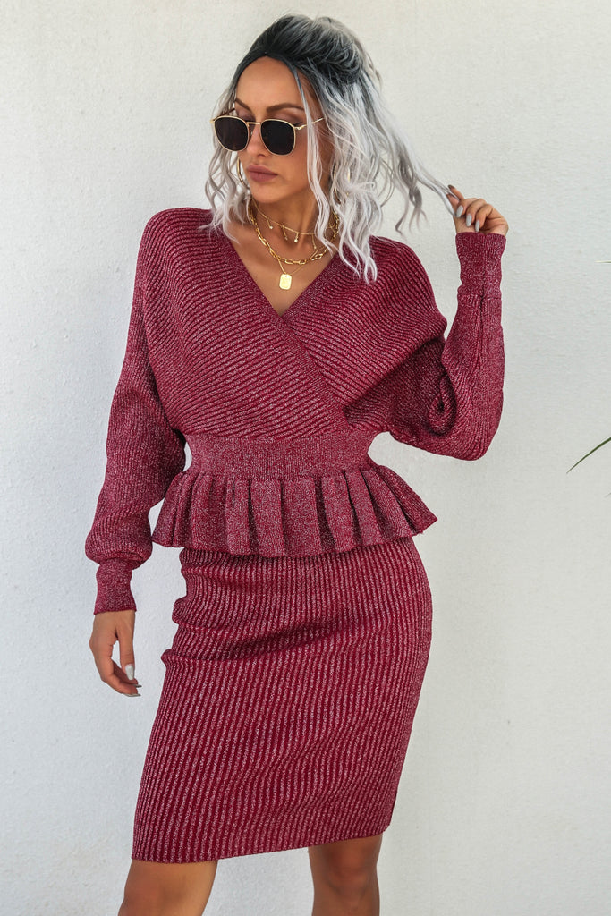 Peplum Dolman Sleeve Rib-Knit Top and Skirt Set - Belle Donne Clothing & Accessories